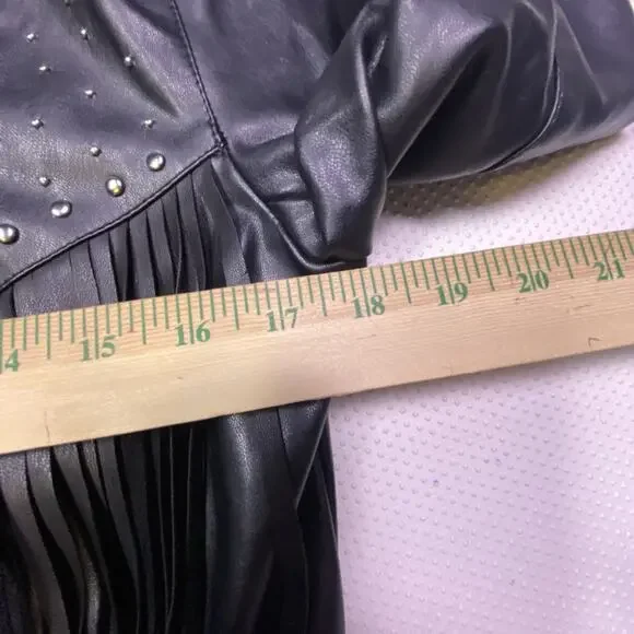 Coffee Bean Star Studded Faux Leather Fringe Black Moto Motorcycle Jacket Medium - Picture 11 of 13